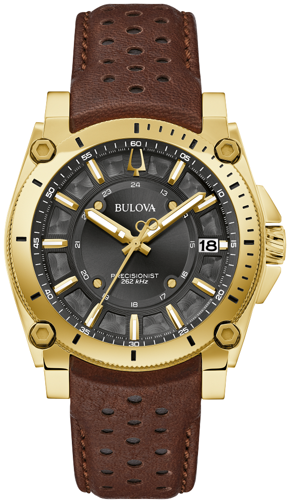 Bulova Precisionist Gold-Tone Brown Strap Black Dial Watch 97B216